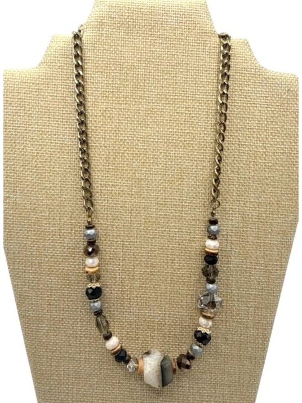 Boho Mixed Bead Statement Necklace Faceted Crystal Stone Gold Tone Adjustable - Picture 2 of 4
